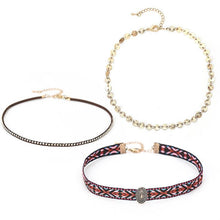 Load image into Gallery viewer, Plate Gold Chain Stud Embroidered Leather Bohemia Mixed Layer Choker Necklace Gift - Set/Pack of 3
