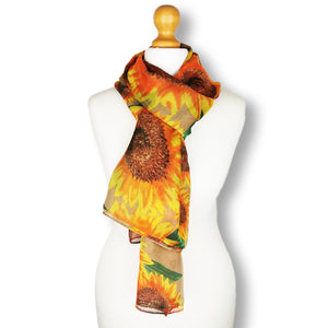 Mustard Yellow Sunflower Print Scarf, Oversized Sheer Chiffon Silky Scarf