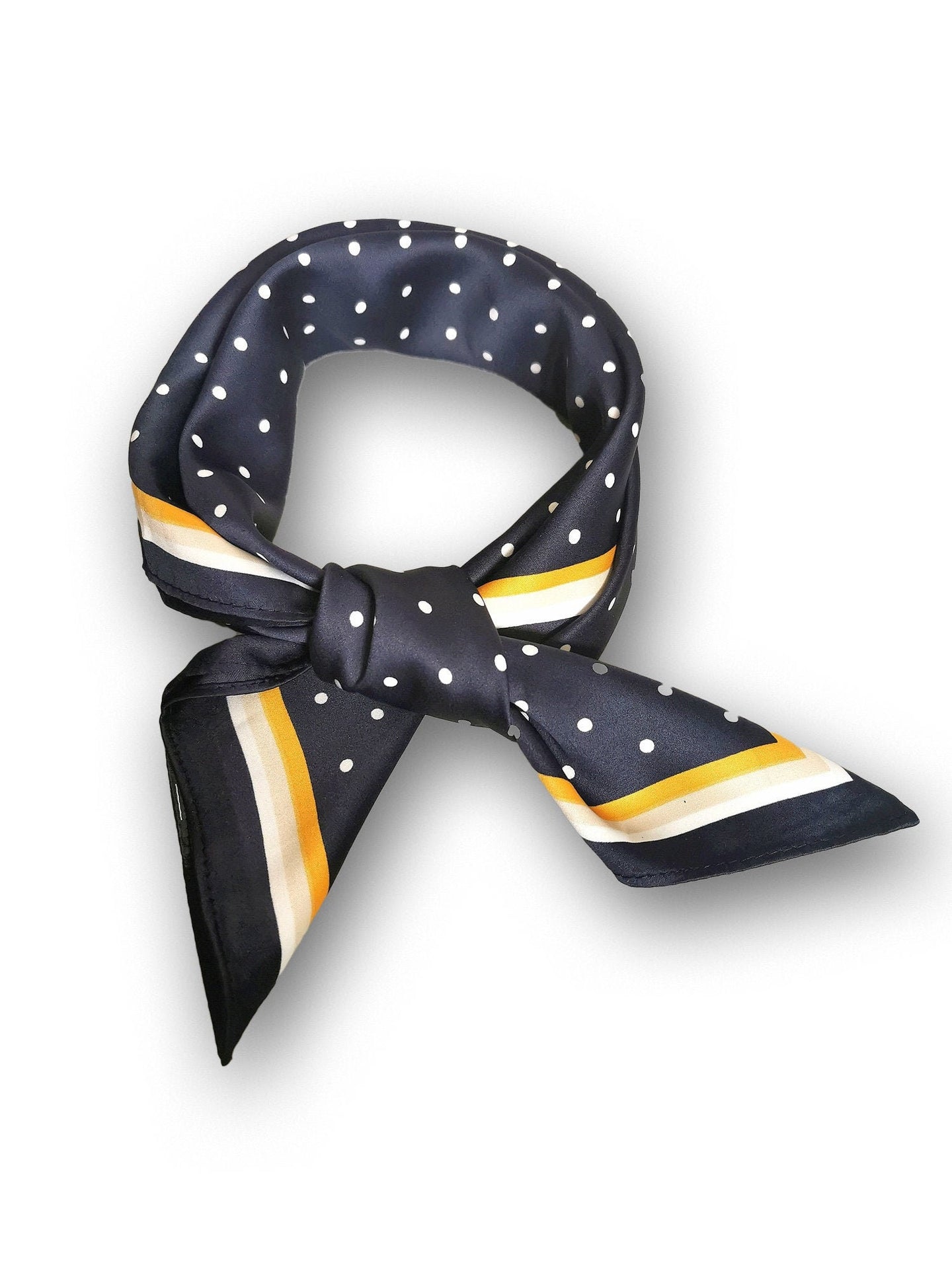 Square Polka Dots Silky Satin Scarf, Hair/Head/Neck Scarf, Navy Mustard Yellow, Decorative scarf