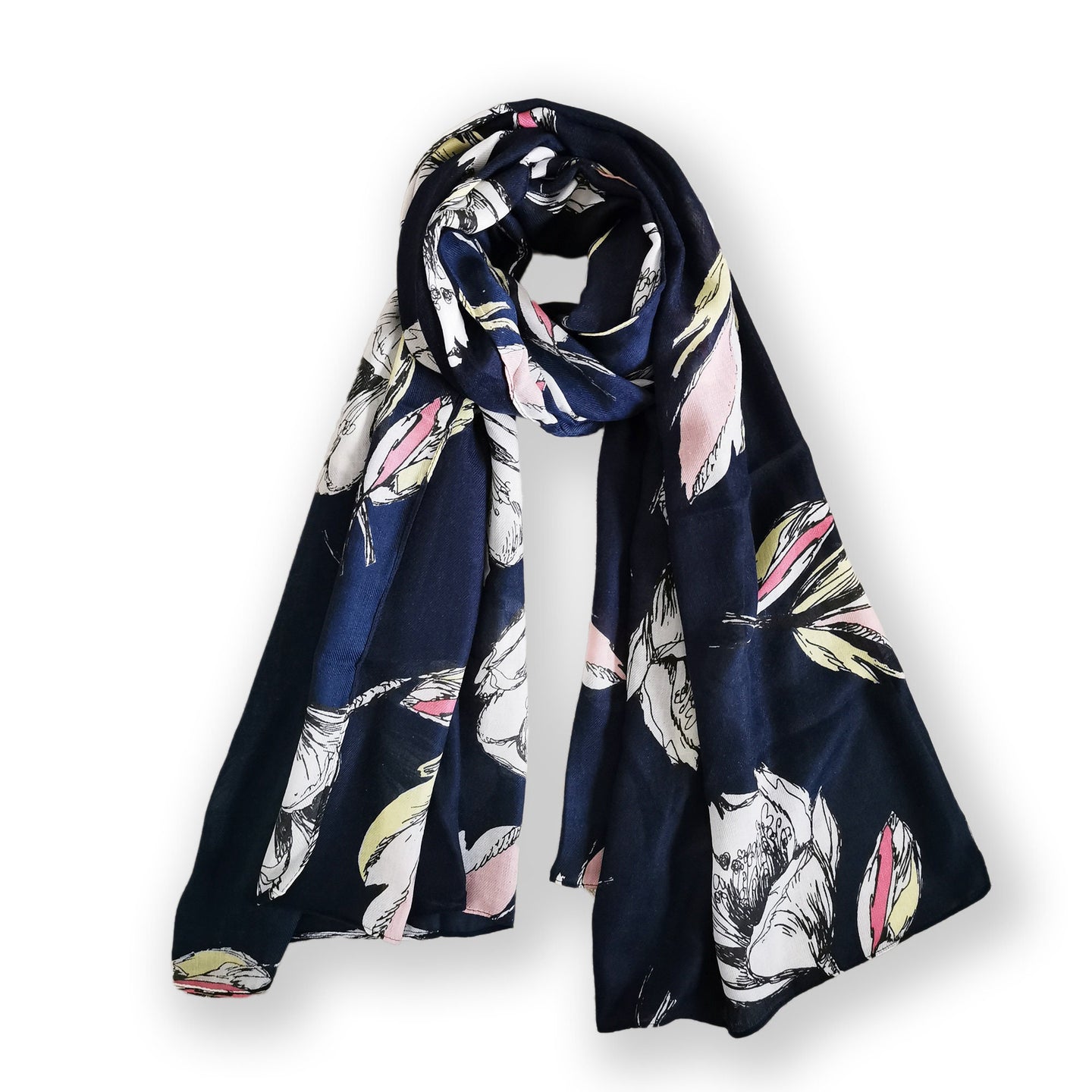 Large Soft-touch Premium Navy Abstract Floral Pink Tulip Print Scarf