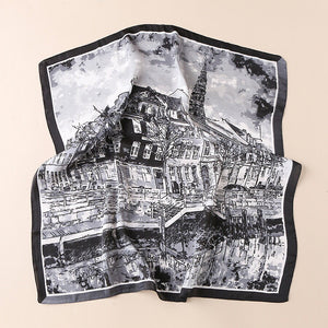 Square Watercolour Building Painting Print Silky Satin Scarf, Hair/Head/Neck Scarf 70x70